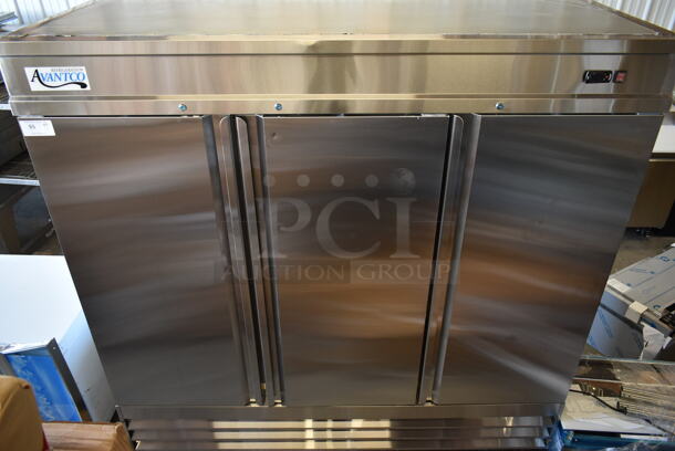 BRAND NEW SCRATCH AND DENT! Avantco Stainless Steel Commercial 3 Door Reach In Cooler on Commercial Casters. - Item #1108528