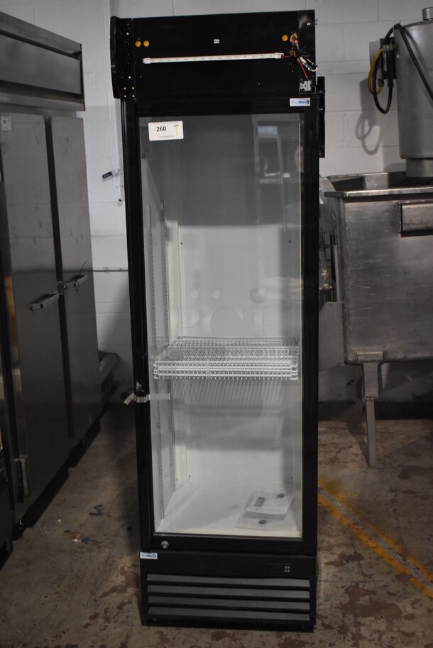 BRAND NEW SCRATCH AND DENT! KoolMore MDR-1GD-13C Metal Commercial Single Door Reach In Cooler Merchandiser w/ Poly Coated Racks on Commercial Casters. 115 Volts, 1 Phase. Tested and Working!