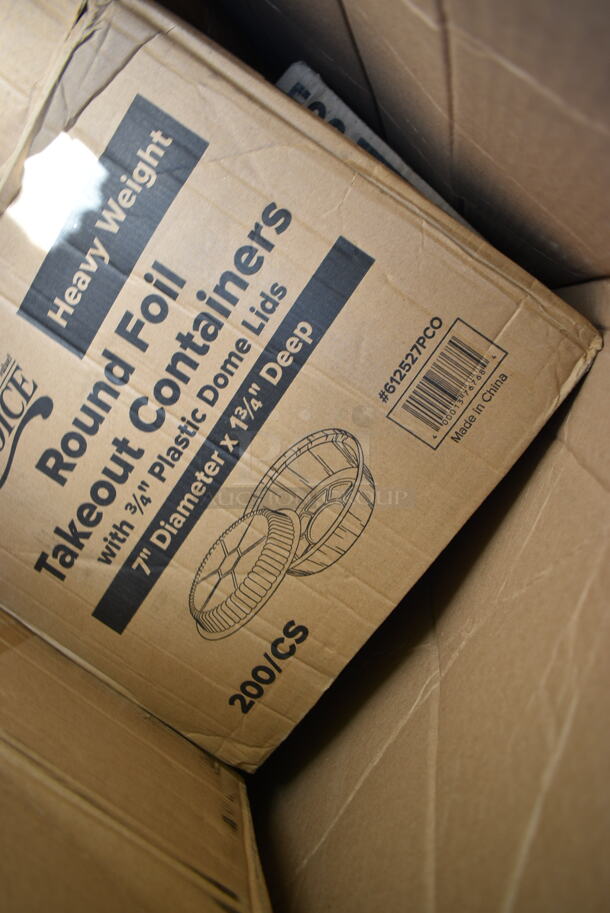 PALLET LOT of 25 BRAND NEW Boxes Including 129MCS323CB Choice Black 3- Compartment Microwavable Heavy Weight Container, 3 Box Dart Y14 Conex Galaxy 14 oz. Translucent Plastic Cold Cup - 1000/Case, 612527PCO Choice 7" Round Standard Weight Foil Take-Out Pan with Dome Lid - 200/Case, 795KFTL50PE Choice 44-50 oz. Round PET Take-Out Lid - 300/Case, 612527PCO Choice 7" Round Standard Weight Foil Take-Out Pan with Dome Lid, Eilat 9" Plates, Lemon Scented Wet Towelette, 612OB4LB Choice 4 lb. Oblong Foil Take-Out Container - 250/Case. 25 Times Your Bid!  - Image 11 of 12