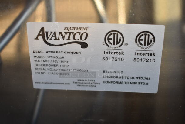 BRAND NEW SCRATCH AND DENT! Avantco 177MG22R #22 Stainless Steel Commercial Countertop Meat Grinder with Reverse Function. 115 Volts, 1 Phase. Tested and Working! - Image 8 of 8