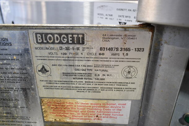 Blodgett CB-36G-6-6K Stainless Steel Commercial Natural Gas Powered Steam Kettle Station w/ 2 Crown DC-6 6 Quart Tilting Kettles.  - Image 8 of 10