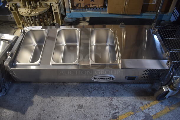 BRAND NEW SCRATCH AND DENT! 2022 KoolMore SCDC-3P-SSL Stainless Steel Commercial Countertop Refrigerated Rail w/ 3 Drop In Bins. 115 Volts, 1 Phase. Tested and Working!