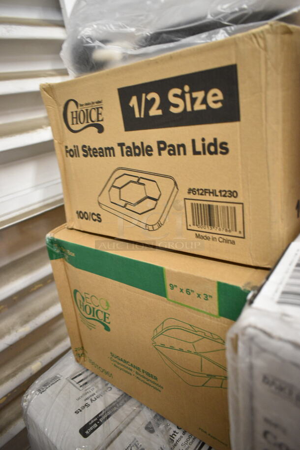 PALLET LOT of 25 BRAND NEW Boxes Including Choice Soup Containers, 3 Box Bare Solo Plastic Lids, LG8R Solo Lids, Dart 8SJ20 8 oz. Extra Squat White Customizable Foam Food Container - 1000/Case, 500CC10 Choice 10 oz. Clear PET Plastic Cold Cup - 1000/Case, 500LFLAT Choice Clear Flat Lid with Straw Slot - 9, 12, 16, 20, and 24 oz. - 1000/Case, 128HD32BULK ChoiceHD 32 oz. Microwavable Translucent Plastic Deli Container - 480/Case, 245CCGR8BL Baker's Lane 8" White Corrugated Grease-Resistant Cake Circle - 100/Case, 4558011390 24 oz. Transparent Assorted Jewel Color Heavy-Duty 1/2 Yarder with Lid and Straw - 33/Case, 2 Box 346BKTSNM Choice Medium Weight Black Wrapped Plastic Cutlery Set with Napkin - 250/Case, 612FHL1230 Foil Steam Table Pan Lid - Half Size, 395TO961 EcoChoice 9" x 6" x 3" Compostable Sugarcane / Bagasse 1 Compartment Take-Out Container - 200/Case, 2650811022K Cres Cor 0811 022 K Heater Kit, Moffat M000033 NEMA 6-50P Power Cord for USE32T5 and E32D5-2 Series, Kraft Food Trays. 25 Times Your Bid! - Image 11 of 12