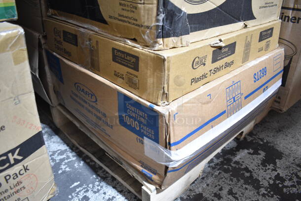 PALLET LOT of 30 BRAND NEW Boxes Including Cambro 12FSP148 Containers, 795PTOKFT8 Microwavable Folded Paper #8 Take-Out Container 6" x 4 5/8" x 2 1/2", 2 Box 500CC16 Choice Clear PET Customizable Plastic Cold Cup - 16 oz. - 1000/Case, 500CC9 Choice 9 oz. Clear PET Customizable Plastic Squat Cold Cup - 1000/Case, 433WHT006 Choice Extra Large Size Grey "Thank You" Medium-Duty Plastic T-Shirt Bag - 450/Case, Dart Clear Straw Slotted Lid, Choice Herringbone Kitchen Towels, 394345L Noble NexGen Powder-Free Disposable Black Hybrid 3 Mil Thick Gloves - Large - 1000/Case, 2 Box 128HD8COMBO ChoiceHD 8 oz. Microwavable Translucent Plastic Deli Container and Lid Combo Pack - 240/Case, 50016C Choice 16 oz. Coffee Print Poly Paper Hot Cup - 1000/Case, 12798 Pacific Blue Dispenser. 30 Times Your Bid!  - Image 8 of 12