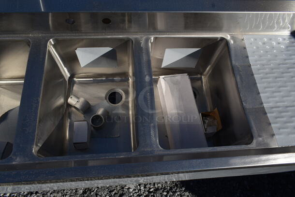 BRAND NEW SCRATCH AND DENT! Regency 600S31014219 Stainless Steel Commercial Back Bar 3 Bay Sink w/ Dual Drain Boards. Bays 10x14. Drain Boards 17.5x15 - Image 3 of 5