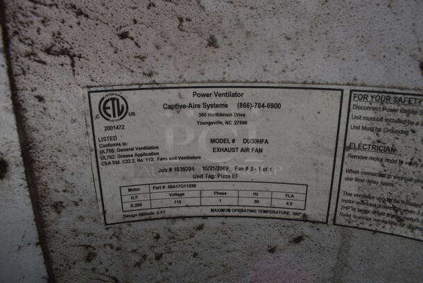 CaptiveAire Model DU30HFA Metal Commercial Rooftop Mushroom Exhaust Fan. 115 Volts, 1 Phase. 27x27x26 - Image 5 of 7