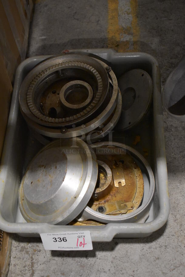ALL ONE MONEY! Lot of Various Metal Pieces to Pie Press in Gray Poly Bus Bin - Image 1 of 3
