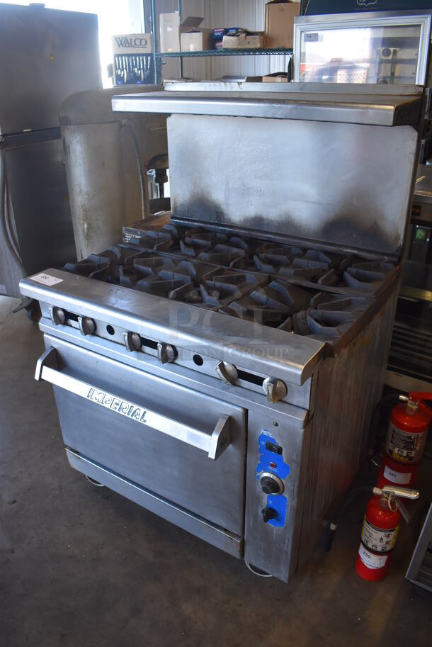 Imperial Stainless Steel Commercial Natural Gas Powered 6 Burner Range w/ Convection Oven, Over Shelf and Back Splash on Commercial Casters. 36x33x57 - Image 2 of 7