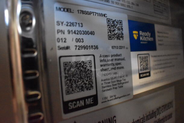 BRAND NEW SCRATCH AND DENT! Avantco 178SSPT71MHC Stainless Steel Commercial Sandwich Salad Prep Table Bain Marie Mega Top on Commercial Casters. 115 Volts, 1 Phase. Tested and Working! - Image 9 of 10