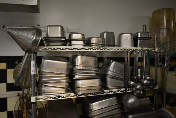 White and Chrome Finish 5 Tier Wire Shelving Unit w/ Contents Including Stainless Steel Drop In Bins. BUYER MUST REMOVE: BUYER MUST DISMANTLE. PCI CANNOT DISMANTLE FOR SHIPPING. PLEASE CONSIDER FREIGHT CHARGES. (kitchen) - Image 2 of 6