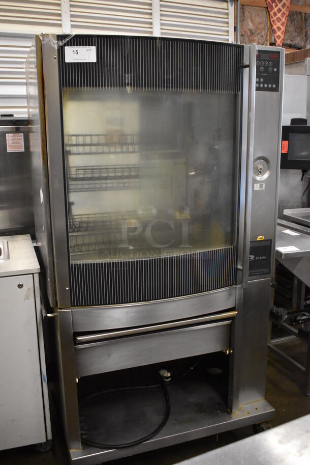 Fri-jado STG7-P Stainless Steel Commercial Electric Powered 5 Spit Rotisserie Oven on Commercial Casters w/ 5 Metal Basket Spits. 208 Volts, 3 Phase. 41x34x71 - Image 3 of 12