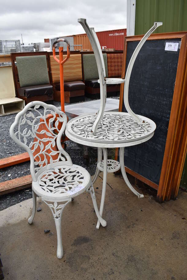 3 White Metal Outdoor Patio Furniture Pieces; 1 Chair and 2 Tables. 16x16x34, 24x24x26. 3 Times Your Bid! - Image 3 of 6