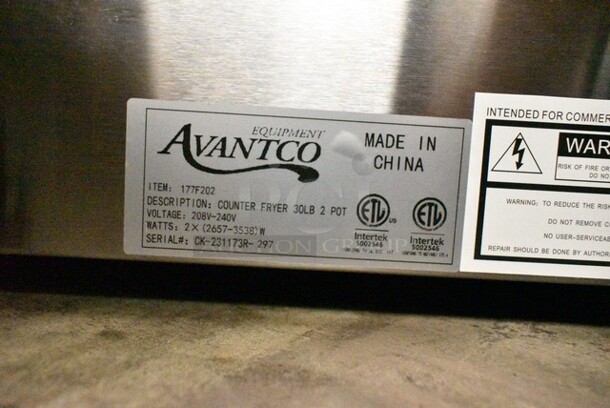 BRAND NEW SCRATCH AND DENT! 2023 Avantco 177F202 Stainless Steel Commercial Countertop Electric Powered 2 Bay Fryer w/ Lids and Metal Fry Baskets. 208-240 Volts, 1 Phase. - Image 8 of 8