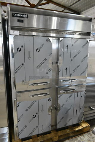 BRAND NEW SCRATCH AND DENT! 2024 Continental 2FNPTHD Stainless Steel Commercial 4 Half Size Door Reach In Freezer w/ Poly Coated Racks and Commercial Casters. 115 Volts, 1 Phase. Tested and Working!