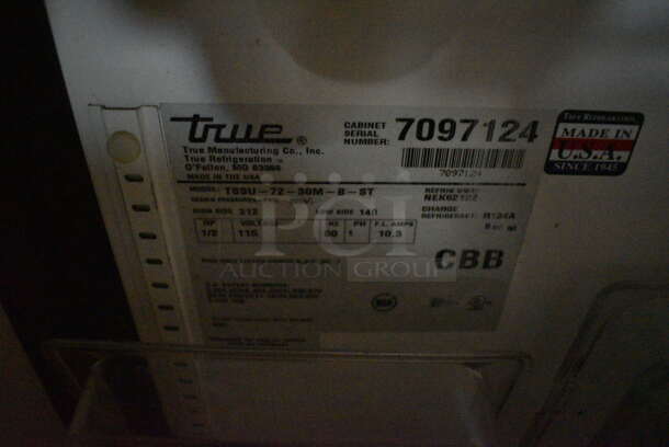 2011 True TSSU-72-30M-B-ST Stainless Steel Commercial Pizza Prep Table on Commercial Casters. BUYER MUST REMOVE. 115 Volts, 1 Phase. 72x34x38. Item Was in Working Condition on Last Day of Business. (Susquehanna Ale House) - Image 6 of 9