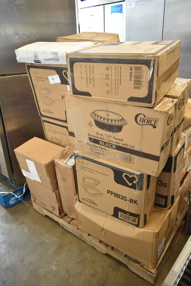 PALLET LOT of 23 BRAND NEW Boxes Including 2 Box 129MCR32B Choice 32 oz. Black Round Microwavable Heavy Weight Container with Lid 7 1/4" - 150/Case, 2 Box PP8835-BK Containers, Ivory PP883s Containers, PP883-BK Containers, 127P2B Choice Black 2 oz Portion Cups, 130HFBK1M Visions Black Heavy Weight Plastic Fork - Case of 1000, 4 Box Lancaster Table and Seating 164TB2222 22" x 22" Cross Cast Iron Table Base Plate. 23 Times Your Bid! - Image 2 of 9