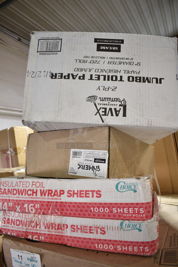 PALLET LOT of 40 BRAND NEW Boxes Including NP7380A Tork Dinner Napkins, Purell Body Fluid Spill Kit Refills, Avantco 178CARTRIDGE Automatic Door Swing Cartridge, 395TO961PF EcoChoice 9" x 6" x 3" No PFAS Added Natural Bagasse Blend Take-Out Container - 200/Case, 5002TPJPREM Lavex Premium 2-Pl 720' Universal Jumbo Toilet Paper Roll with 9" Diameter - 12/Case, 5014347M15 Lavex Li'l Herc 56 Gallon 1.5 Mil 43" x 47" Low Density Medium-Duty Black Can Liner / Trash Bag - 100/Case, 2 Box 612W65 Choice Insulated Foil Sandwich Wrap Sheets 14" x 16" - 1000/Case, 127RD12BULK Choice 12 oz. Customizable Microwavable Translucent Round Deli Container - 500/Case, Choice 1 oz Portion Cups,  Disposable Gloves, 980310404 Matfer Bourgeat 310404 10 1/4" Black Carbon Steel Round Tapered Oven Sheet / Pizza Pan, 50224338CL Lavex 15 Gallon 8 Micron 24" x 33" High Density Janitorial Can Liner / Trash Bag - 1000/Case, 2 Box 612605070 Choice Full Size Foil Steam Table Pan Deep 3 3/8" Depth - Full Size Deep - 50/Case, 127RD8BULK Choice 8 oz. Customizable Microwavable Translucent Round Deli Container - 500/Case, 544P566 Monin 2 Tier 375 mL Concentrated Flavor Rack, 130BKFSNSPH Visions Heavy Weight Black Wrapped Plastic Cutlery Pack with Napkin and Salt and Pepper Packets - 500/Case. 40 Times Your Bid! - Image 7 of 12