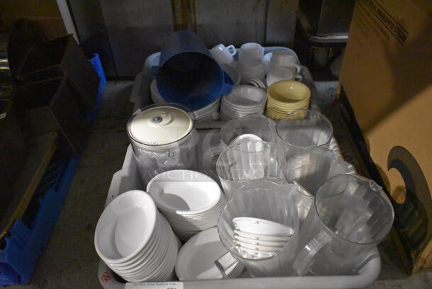 ALL ONE MONEY! Lot of 2 Gray Poly Bus Bins w/ Various Poly Pitchers, Bowls, Mugs and Plates