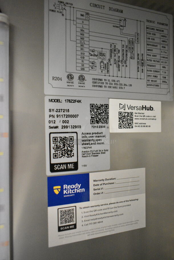 BRAND NEW SCRATCH AND DENT! 2023 Avantco 178Z2F4K Stainless Steel 54" Solid Half Door Stainless Steel Reach-In Freezer. 115 Volts, 1 Phase.  Tested and Powers On But Does Not Get Cold - Image 10 of 10