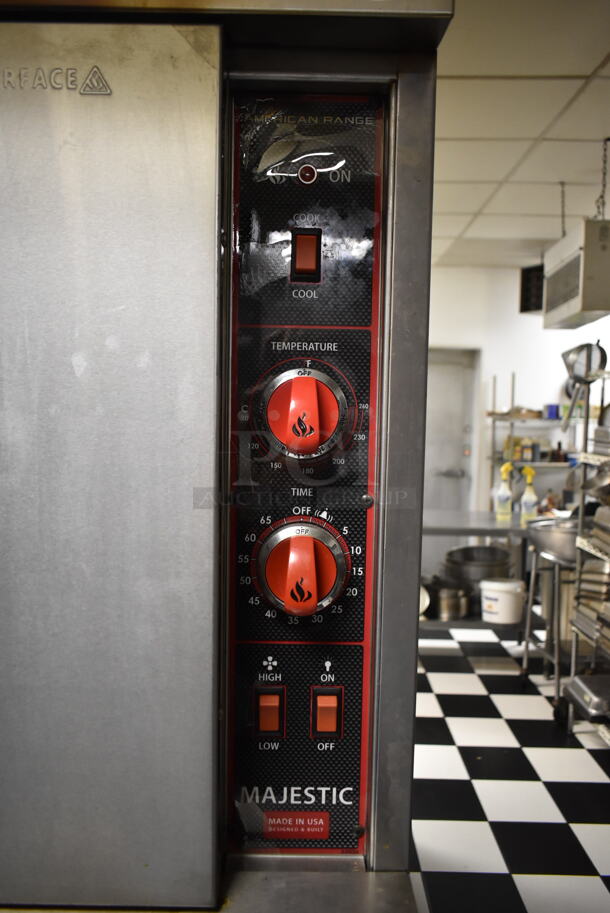 2 American Range MSD-2-GL Majestic Stainless Steel Commercial Natural Gas Powered Full Size Convection Ovens w/ View Through Door, Solid Door, Metal Oven Racks and Thermostatic Controls on Commercial Casters. 2 Times Your Bid! BUYER MUST REMOVE. Tested and Working! (kitchen #2) - Image 4 of 11