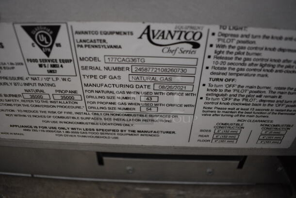 2021 Avantco Model 177CAG36TG Stainless Steel Commercial Countertop Natural Gas Powered Flat Top Griddle w/ Thermostatic Controls. 36x30x13 - Image 6 of 6