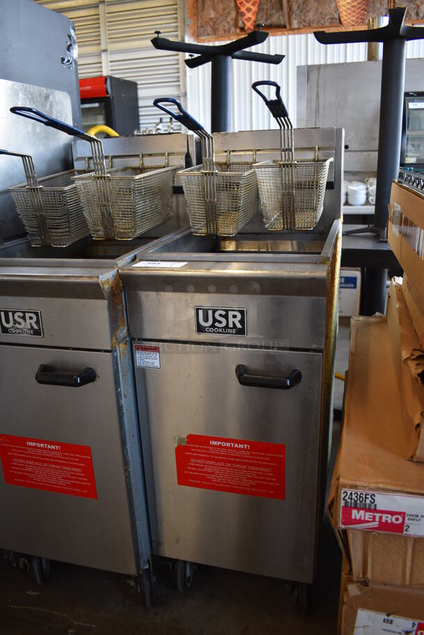 2019 USR Cookline CF-40 Stainless Steel Commercial Floor Style Natural Gas Powered Deep Fat Fryer w/ 2 Metal Fry Baskets on Commercial Casters. 90,000 BTU. 16x30x45 - Image 6 of 10