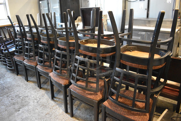 4 Black Wood Pattern Dining Chairs w/ Patterned Seat Cushion and Arm 
Rests. 20x18x33. 4 Times Your Bid! - Image 5 of 5