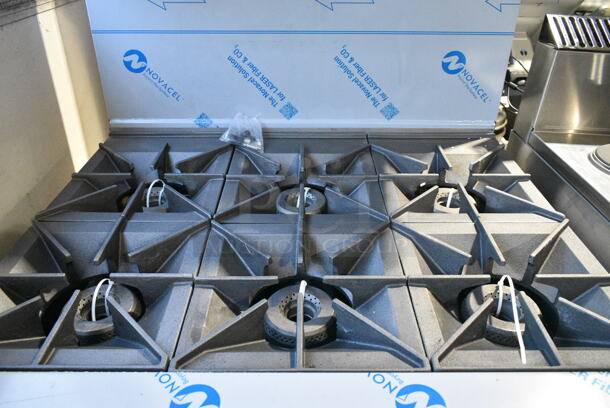 BRAND NEW SCRATCH AND DENT! Vulcan 36S-6BN Stainless Steel Commercial Floor Style Natural Gas Powered Range w/ Oven, Over Shelf and Back Splash. 215,000 BTU - Image 4 of 9