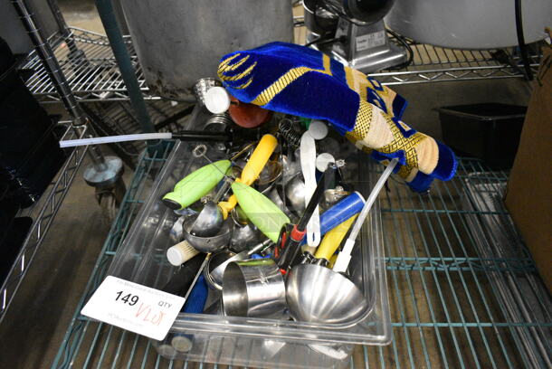 ALL ONE MONEY! Lot of Various Items Including Utensils in Clear Bin.  - Image 1 of 9