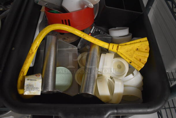 ALL ONE MONEY! Lot of 2 Black Poly Bus Bins Including Metal Lids, Poly Condiment Bottle Lids and Mandolin Slicer Holder - Image 4 of 7