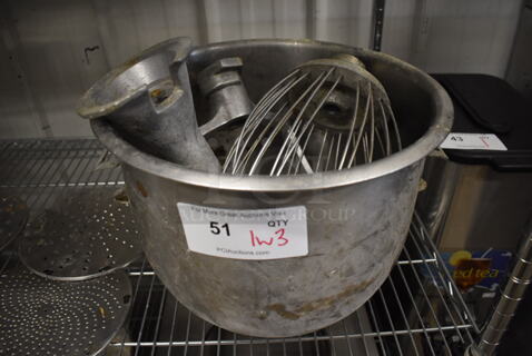 Hobart A-200-20 Metal 20 Quart Mixing Bowl w/ Balloon Whisk, Pastry and Dough Hook Attachments. 14x14x11.5