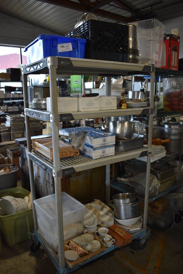 ALL ONE MONEY! Metro Lot of 4 Tiers of Various Items Including Ceramic Dishes, Scraper, Metal Bowls and Poly Bins. Does Not Include Metro Shelving Unit