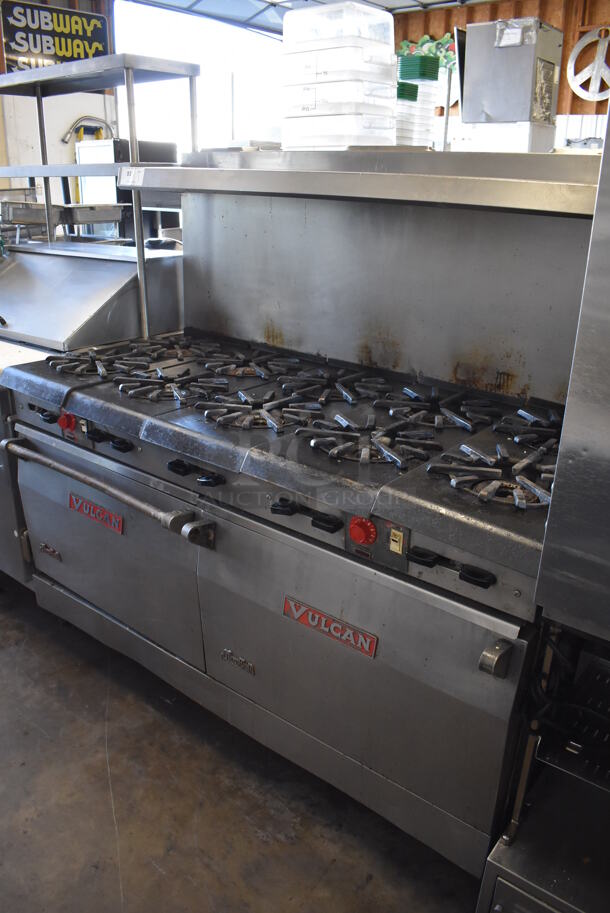 Vulcan Snorkel Stainless Steel Commercial Natural Gas Powered 10 Burner Range w/ 2 Convection Ovens, Over Shelf and Back Splash on Commercial Casters. 60x32x60 - Image 2 of 8