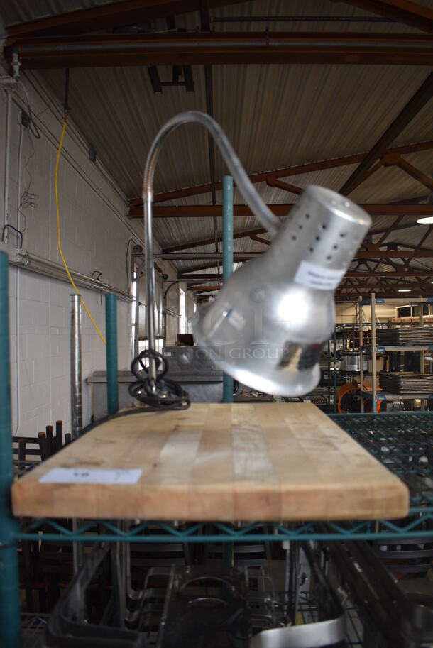 Metal Commercial Countertop Meat Cutting Station w/ Metal Warming Light and Butcher Block Cutting Board. 16x24x20. Tested and Working! - Image 1 of 5