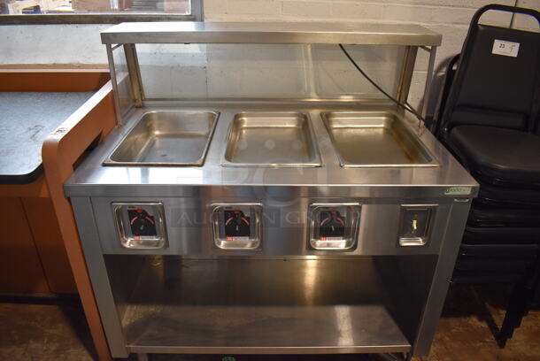 APW Wyott Stainless Steel Commercial 3 Bay Steam Table w/ Sneeze Guard and Under Shelf. 208/240 Volts, 1 Phase. 48x30x50