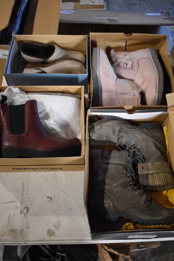 ALL ONE MONEY! Lot of 4 Various IN ORIGINAL BOX! Shoes; Ugg 8 Pink Boots, Cat 8 Gray Boots, Tan Slippers and Maroon 8.5 Boots.