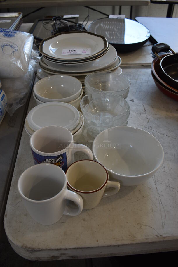 ALL ONE MONEY! Lot of 28 Various Ceramic Dishes; 3 Mugs, 15 Bowls and 10 Plates. Includes 9.5x9.5x1.5