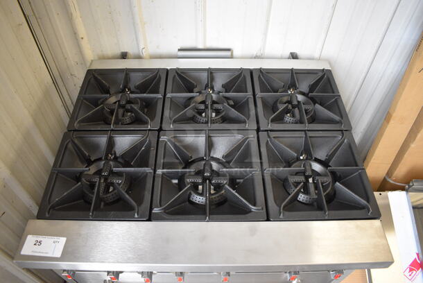 BRAND NEW! CPG Model 351S36N Stainless Steel Commercial Natural Gas Powered 6 Burner Range w/ Oven. Comes w/ Backsplash, Over Shelf, Extra Grate, 2 Extra Burners and 2 Extra Knobs. Stock Picture Used For Gallery. 36x31x31 - Image 11 of 12