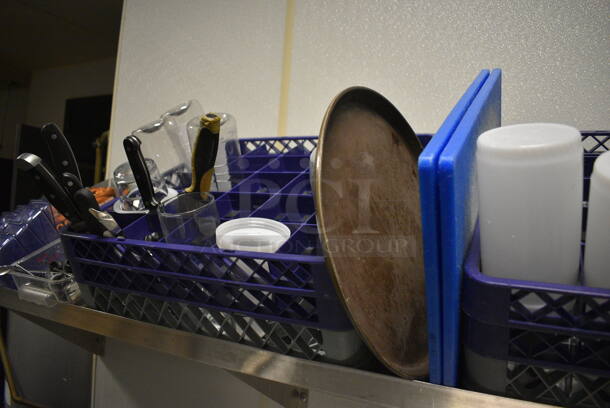 Stainless Steel Commercial Wall Mount Shelf w/ Contents Including Dish Caddies, Utensils, Bucket and Cutting Boards. 84x22x21. BUYER MUST REMOVE. (kitchen) - Image 3 of 6