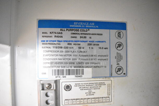 Beverage Air KF74-5AS Stainless Steel Commercial 3 Door Reach In Freezer w/ Poly Coated Racks. 115/208-230 Volts, 1 Phase.  - Image 7 of 7
