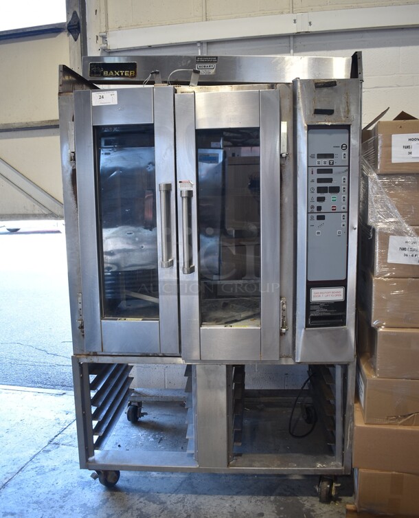 Baxter Stainless Steel Commercial Floor Style Natural Gas Powered Mini Rotating Rack Oven on Commercial Casters.