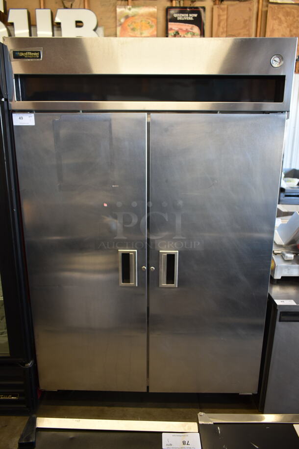 Delfield 6051-S Stainless Steel Commercial 2 Door Reach In Cooler w/ Poly Coated Racks on Commercial Casters. 115 Volts, 1 Phase. Tested and Working! - Image 1 of 10