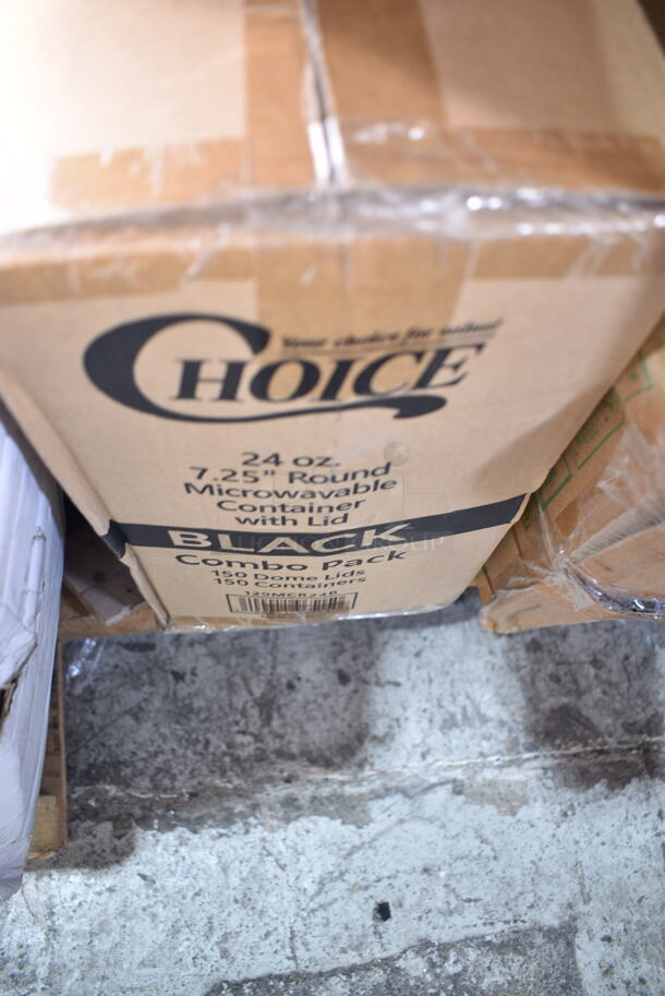 PALLET LOT of 27 BRAND NEW Boxes Including C54HT1 Dart Clearseal 5" Hinged Clear Slice Container - 250/Case, 433NHT101H Choice 1/6 Standard Size White "Thank You" Medium-Duty Plastic T-Shirt Bag - 1000/Case, 129MCS38B Choice 38 oz. Black Rectangular Microwavable Heavy Weight Container with Lid 8 3/4" x 6 1/4" x 2" - 150/Case, 127CH16 Choice 16 oz. Clear RPET Hinged Deli Container - 200/Case, 129MCR24B Choice 24 oz. Black Round Microwavable Heavy Weight Container with Lid 7 1/4" - 150/Case, 44712191261 Avantco A Plus 44712191261 Gasket for APST-27-8 Prep Tables, 5002TPJEC Lavex 2-Ply 550' Universal Jumbo Toilet Paper Roll with 7 1/2" Diameter - 12/Case, 795PTOKFT8 Choice Kraft Microwavable Folded Paper #8 Take-Out Container 6" x 4 3/4" x 2 1/2" - 300/Case, CTR16BD Dart SafeSeal 16 oz. Plastic Tamper-Resistant, Tamper-Evident Bowl with Dome Lid - 240/Case, 127SB24COMBO Choice 24 oz. Clear Plastic Salad Bowl with Lid - 150/Case, 129MCR24B Choice 24 oz. Black Round Microwavable Heavy Weight Container with Lid 7 1/4" - 150/Case, 433NACHOS Carnival King Small Clear 2 Compartment Plastic Nacho Tray - 500/Case, 50012W Choice 12 oz. White Poly Paper Hot Cup - 1000/Case, 500TO883 Choice 8" x 8" x 3" Microwaveable 3-Compartment Black / Clear Plastic Hinged Container - 100/Case, Dart 85HT3R 8" x 8" x 3" White Foam Three-Compartment Square Take Out Container with Perforated Hinged Lid - 200/Case. 27 Times Your Bid! - Image 6 of 12
