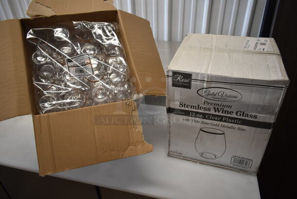 2 BRAND NEW SCRATCH AND DENT! Visions 347SLWG12RG 12 oz. Heavy Weight Clear Plastic Stemless Wine Glass with Rose Gold / Copper Rim - 64/Case. 2 Times Your Bid! - Image 2 of 6
