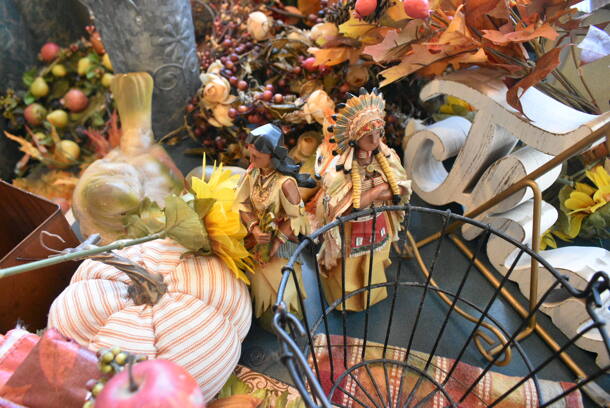 Wall Mount Table w/ Contents Including Fall Decor. BUYER MUST REMOVE: Bring Tools and Manpower Needed To Remove This Item. (booth room)  - Image 8 of 10