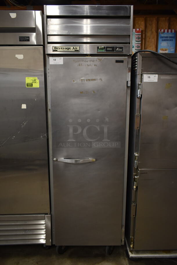 Beverage Air ER24-1AS Stainless Steel Commercial Single Door Reach In Cooler w/ Metal Rack on Commercial Casters. 115 Volts, 1 Phase. Tested and Working!