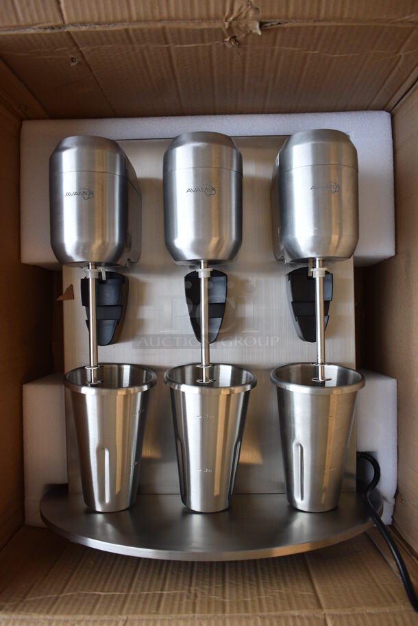 BRAND NEW IN BOX! Avamix Model DM-B-30C Stainless Steel Commercial Countertop 3 Head Drink Mixer. 120 Volts, 1 Phase. 18x12x20