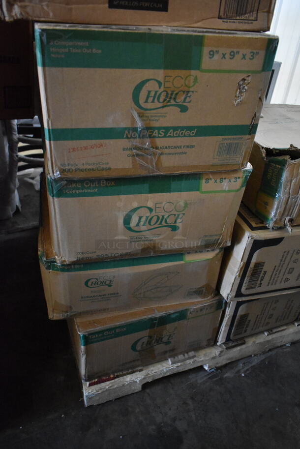 PALLET LOT of 18 BRAND NEW! Boxes Including 5002TPJ Lavex 2-Ply Jumbo Toilet Paper Roll with 9" Diameter, 720 Feet / Roll - 12/Case, 395TO993PF EcoChoice 9" x 9" x 3" Compostable Sugarcane / Bagasse 3 Compartment Takeout Container - 200/Case, 2 Box 395TO881 EcoChoice 8" x 8" x 3" Compostable Sugarcane / Bagasse 1 Compartment Take-Out Box - 200/Case, 130BKFSH Visions Wrapped Black Heavy Weight Plastic Cutlery Pack, 2 Box Lavex White M-Fold (Multifold) Towel - 4000/Case,  2 Box PP206-BK Hinge Containers, ChoiceHD 12 oz. Microwavable Translucent Plastic Deli Container and Lid Combo Pack - 240/Case. 18 Times Your Bid! - Image 3 of 6