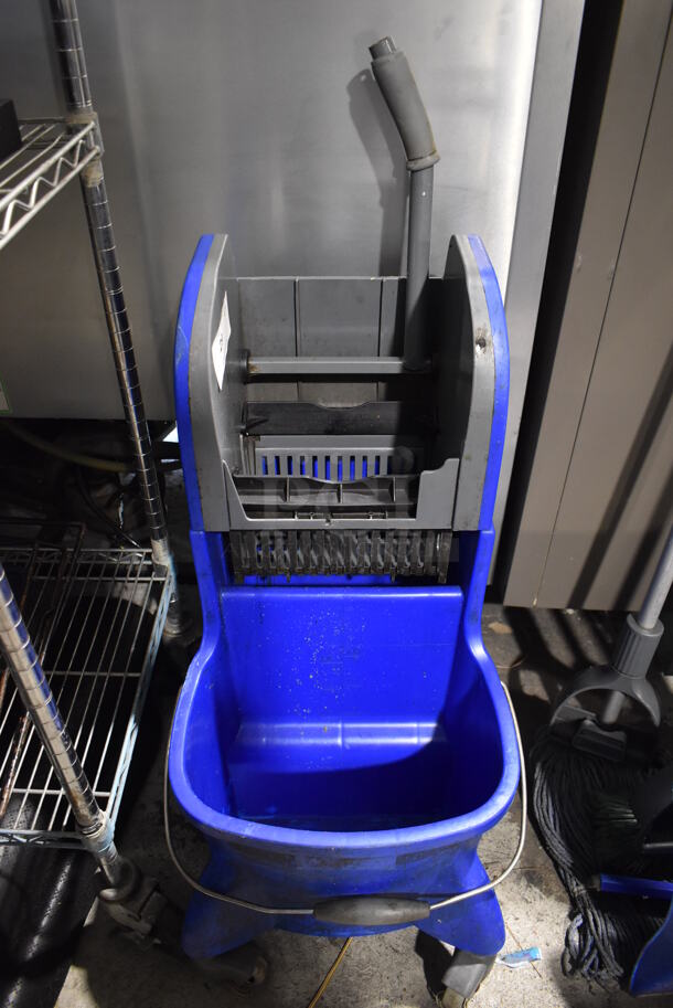 Blue Poly Mop Bucket w/ Wringing Attachment on Commercial Casters. 15x22x40 - Image 1 of 4