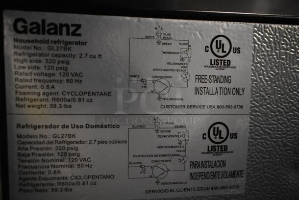 Galanz GL27BK Metal Mini Cooler. 115 Volts, 1 Phase. Tested and Powers On But Does Not Get Cold
 - Image 4 of 5